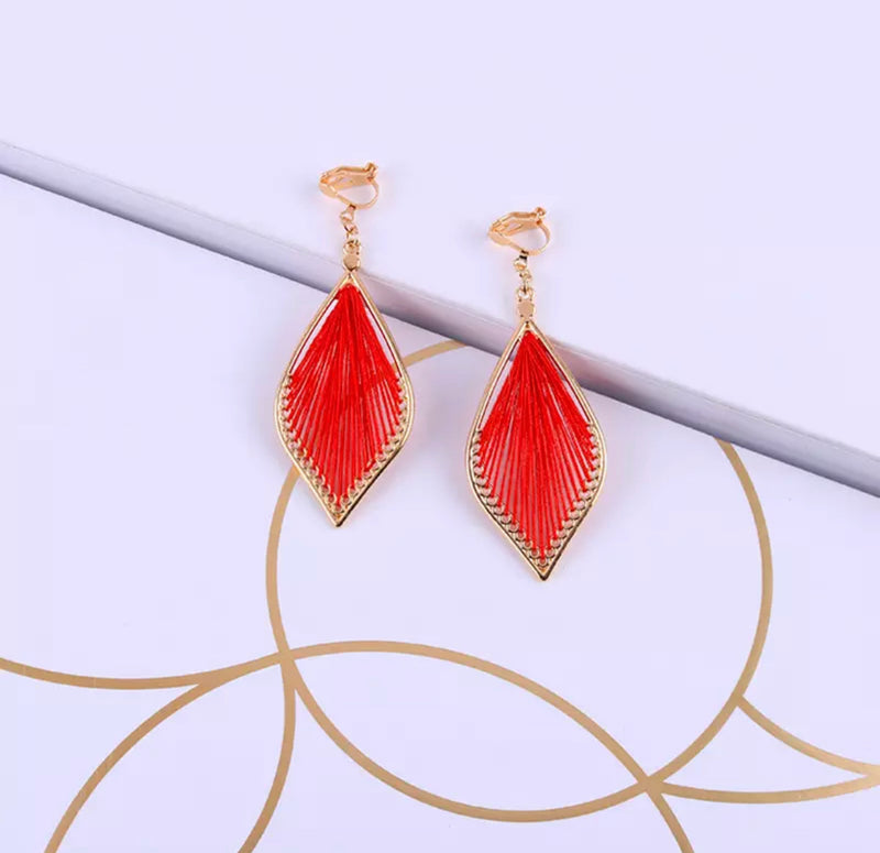 Clip on 2 1/2" string dangle teardrop earrings in a variety of colors