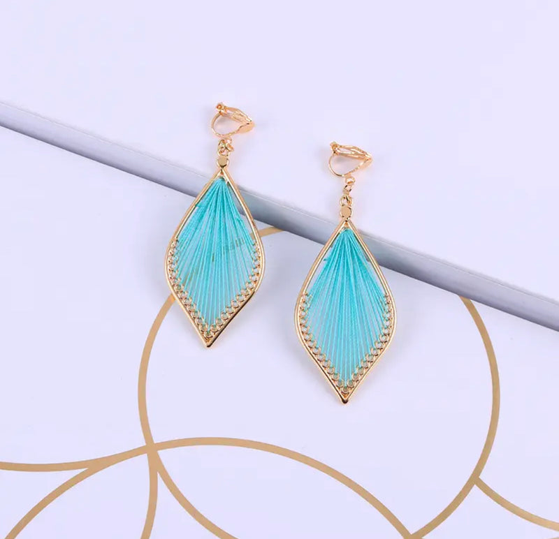 Clip on 2 1/2" string dangle teardrop earrings in a variety of colors