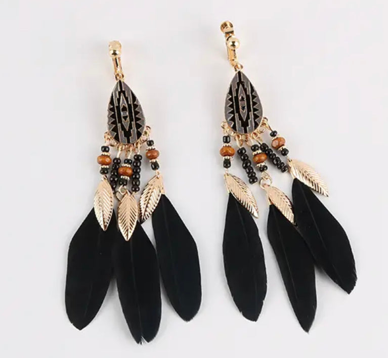 Clip on 4 1/2" long gold Aztec teardrop black feather beaded earrings
