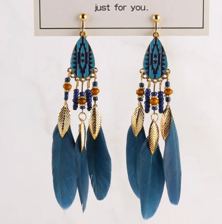 Clip on 4 1/2" long Aztec gold teardrop turquoise feather beaded earrings