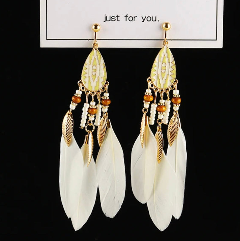 Clip on 4 1/2" long Aztec gold white and yellow teardrop feather beaded earrings