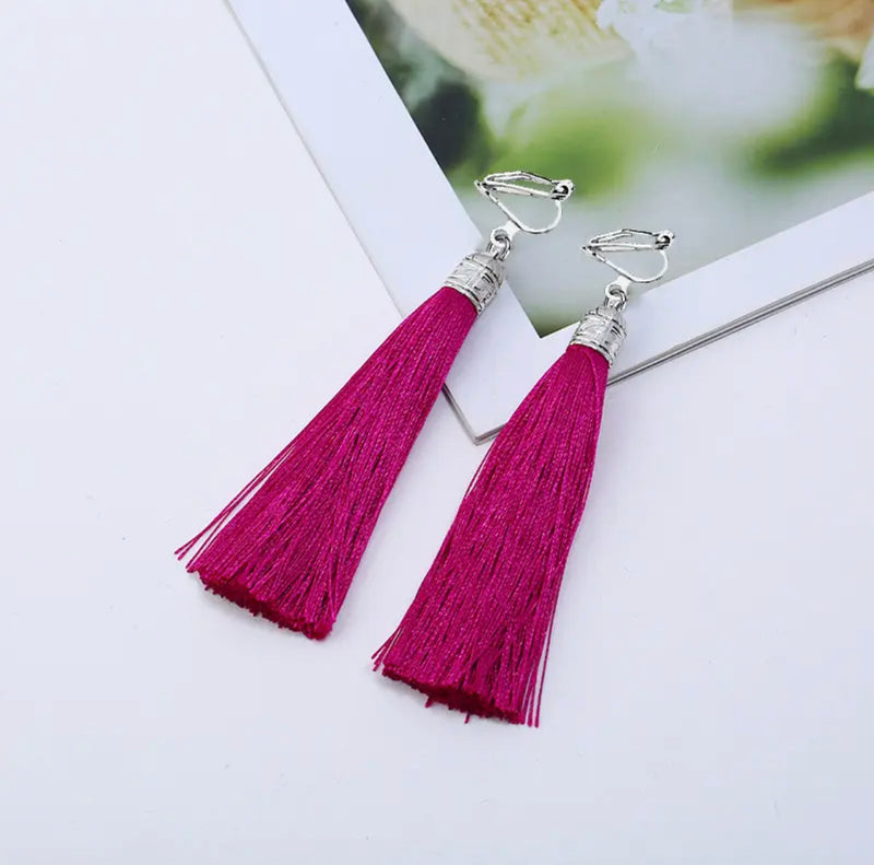 Clip on silver top 4 1/2" Xlong thread earrings in a variety of bright colors