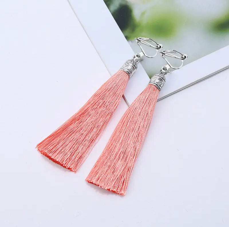 Clip on silver top 4 1/2" Xlong thread earrings in a variety of bright colors