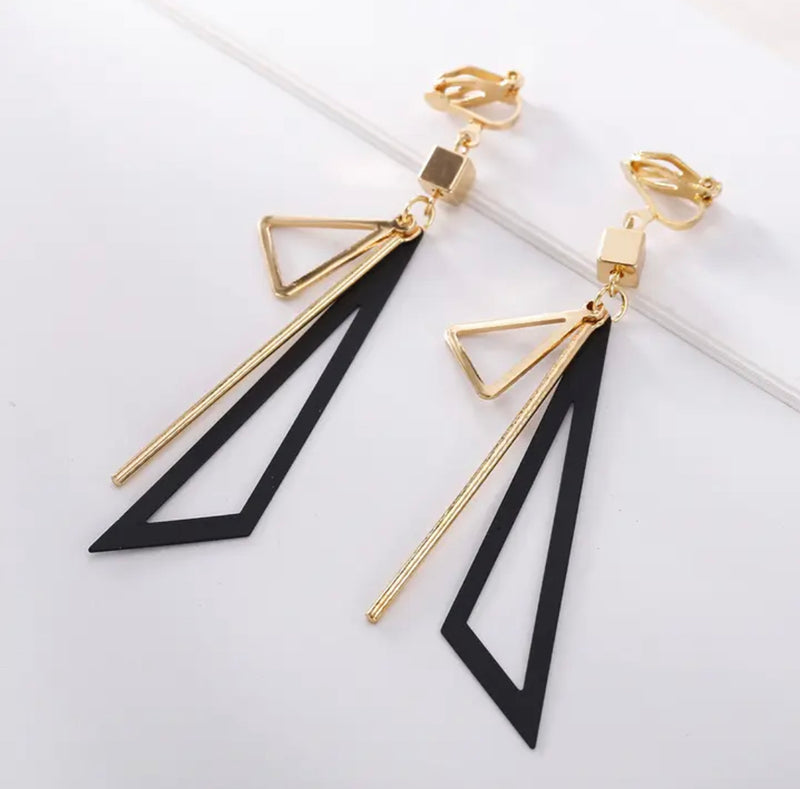 Clip on 3 1/4" gold and black odd shaped dangle earrings