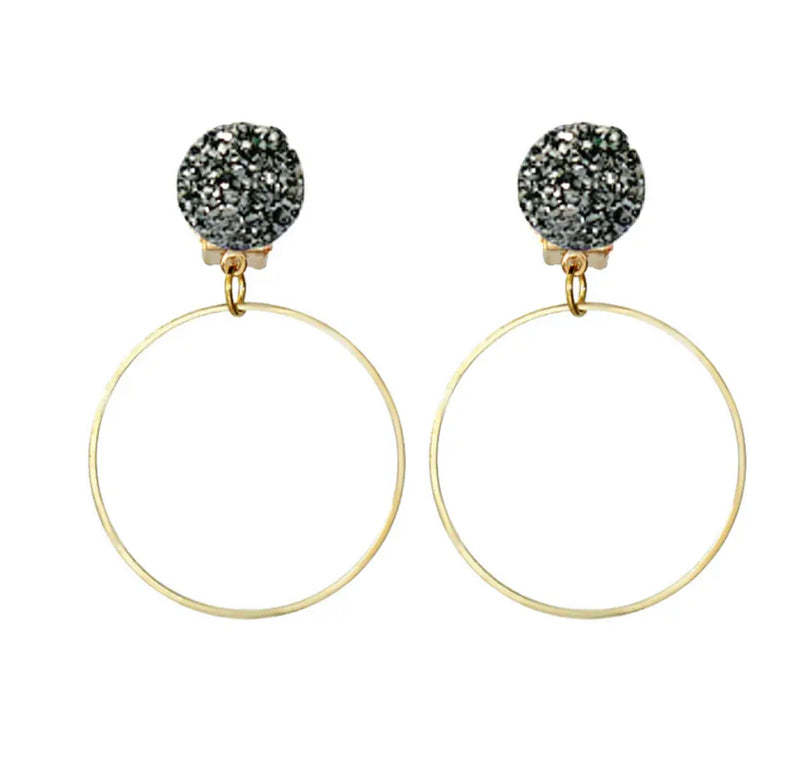Trendy clip on 2" gold thin wire hoop with gray glitter top