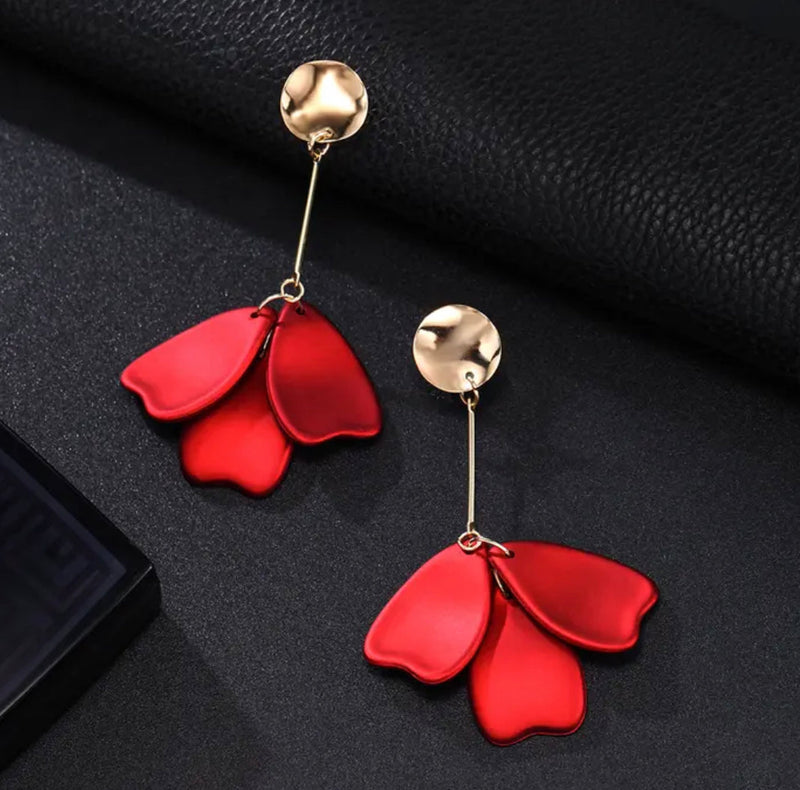 Clip on 3" long gold wire red petal straight earrings