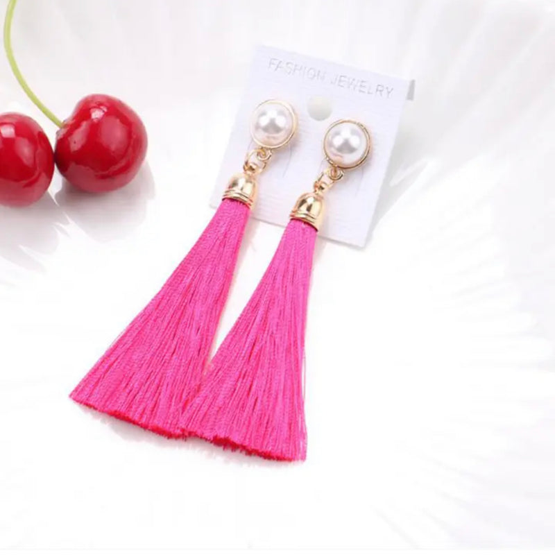 Trendy clip on gold top white pearl string earrings in a variety of colors