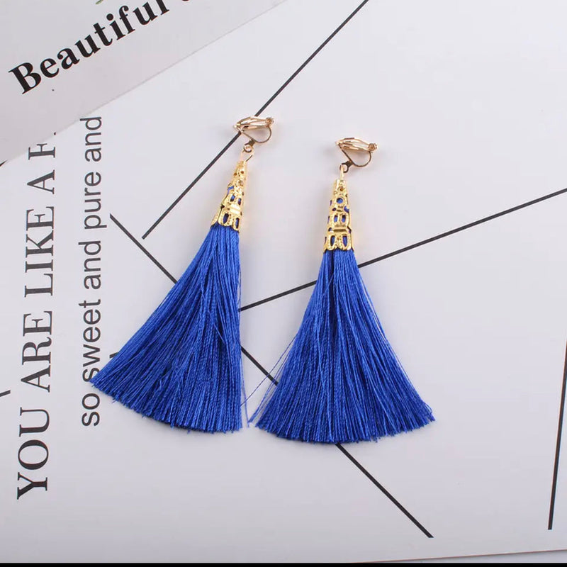 Trendy clip on 3 3/4" long gold top string earrings in a variety of colors