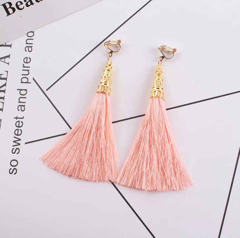 Trendy clip on 3 3/4" long gold top string earrings in a variety of colors