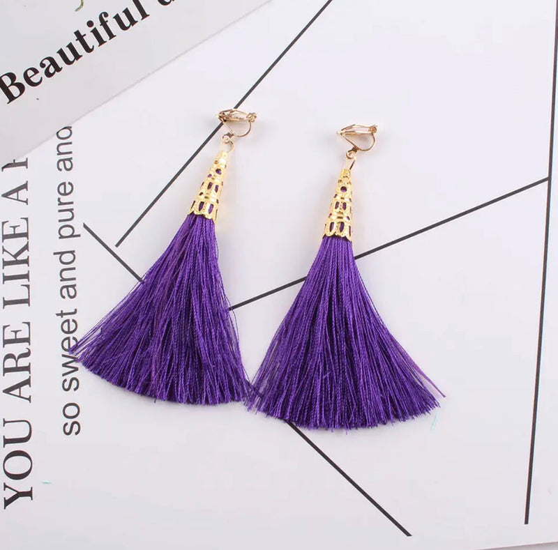 Trendy clip on 3 3/4" long gold top string earrings in a variety of colors