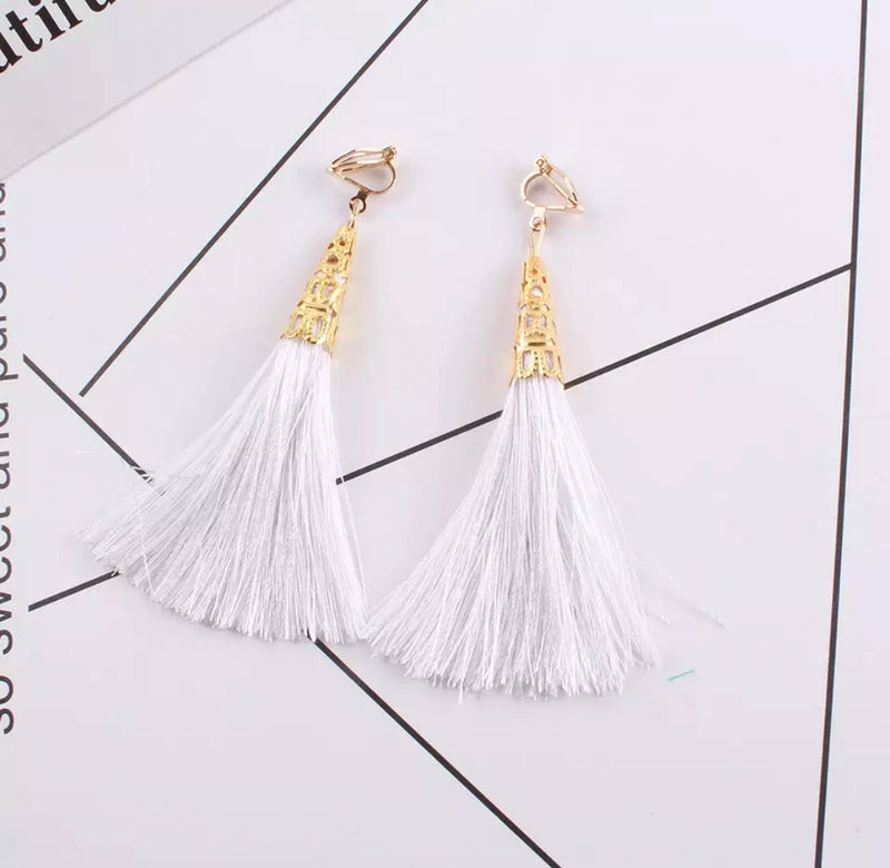 Trendy clip on 3 3/4" long gold top string earrings in a variety of colors