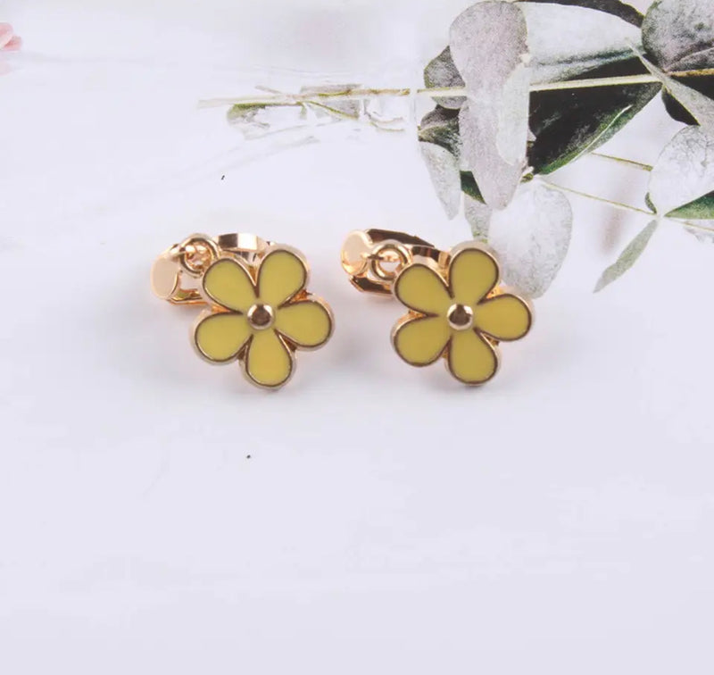 Clip on 1" small gold, red, yellow, white or pink dangle flower earrings