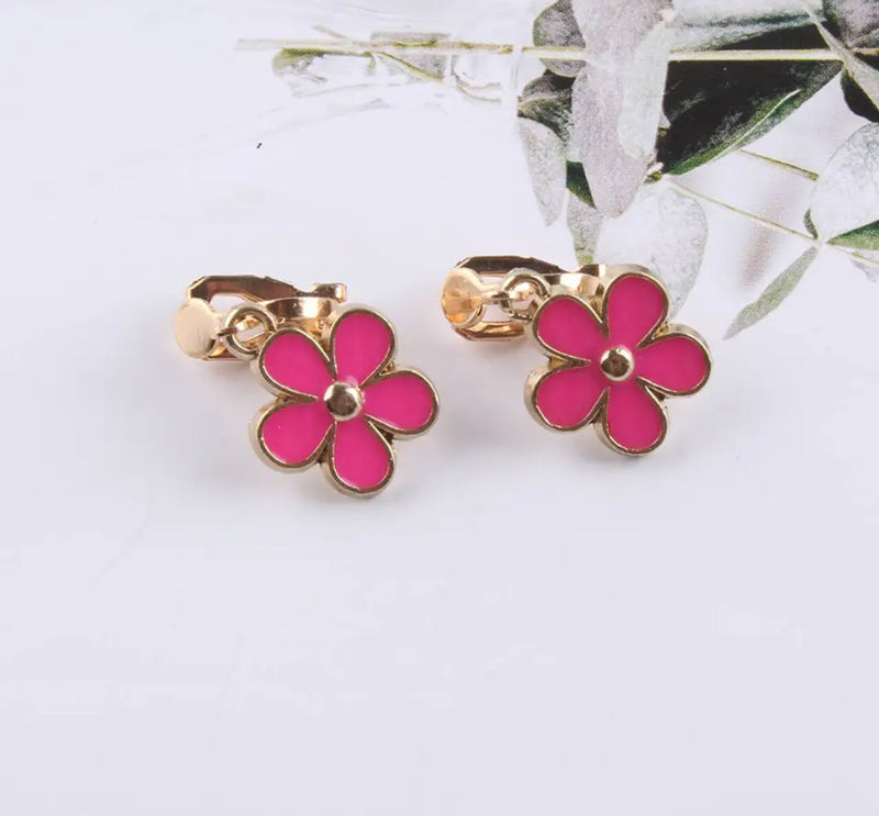 Clip on 1" small gold, red, yellow, white or pink dangle flower earrings