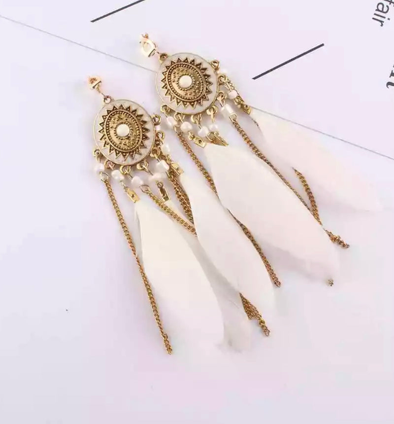 Clip on 4 3/4" long Aztec gold chain oval white feather beaded earrings