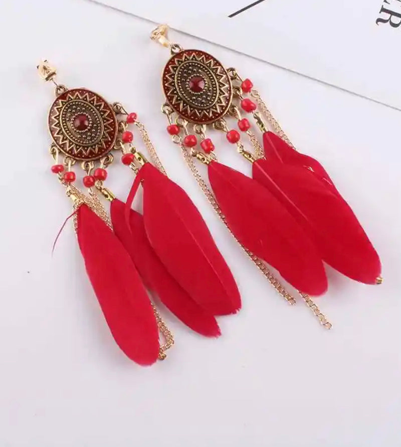 Clip on 4 3/4" long Aztec gold chain oval red feather beaded earrings