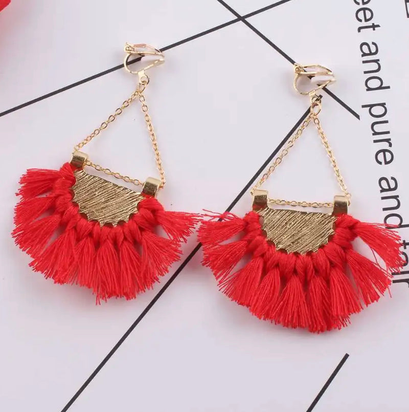 Clip on 3" gold chain hammered half circle red thread tassel earrings