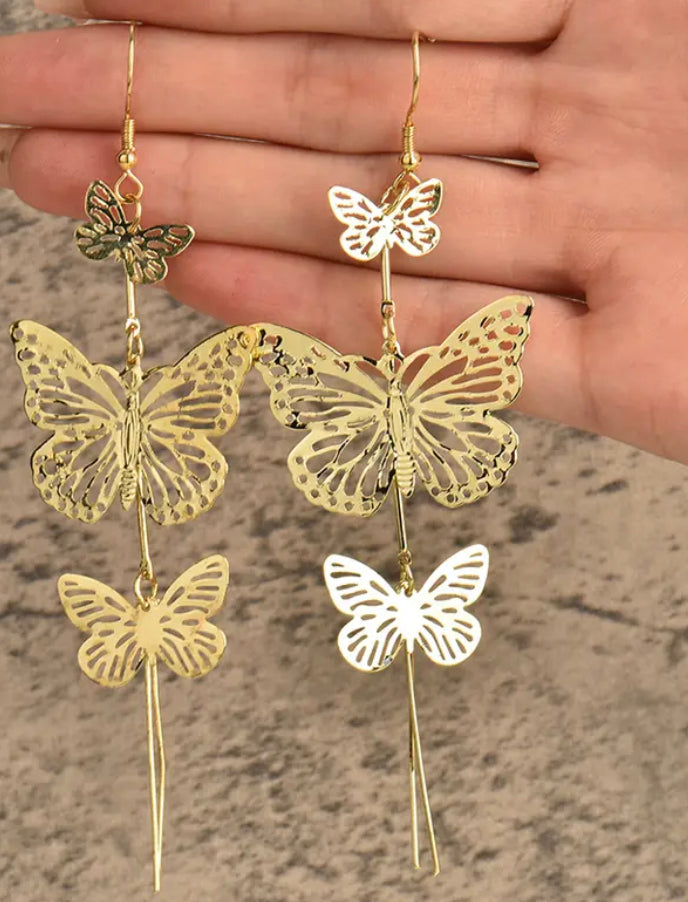 Trendy pierced 4 1/2" Xlong gold dangle three butterfly earrings