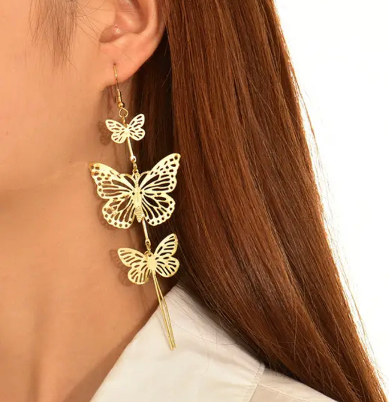Trendy pierced 4 1/2" Xlong gold dangle three butterfly earrings