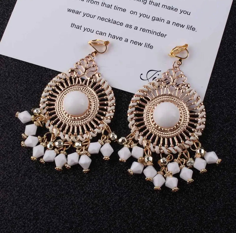 Clip on 3 1/2" cutout circle lightweight gold and white dangle beaded earrings