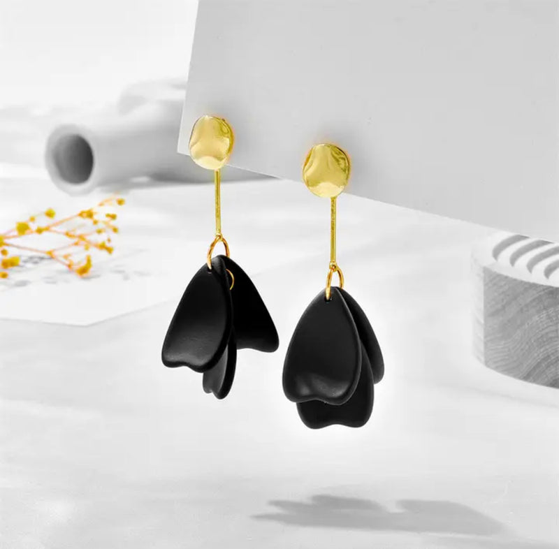 Trendy clip on 3" long gold wire black petal straight earrings