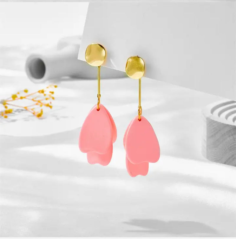 Trendy clip on 3" long gold wire pink petal straight earrings