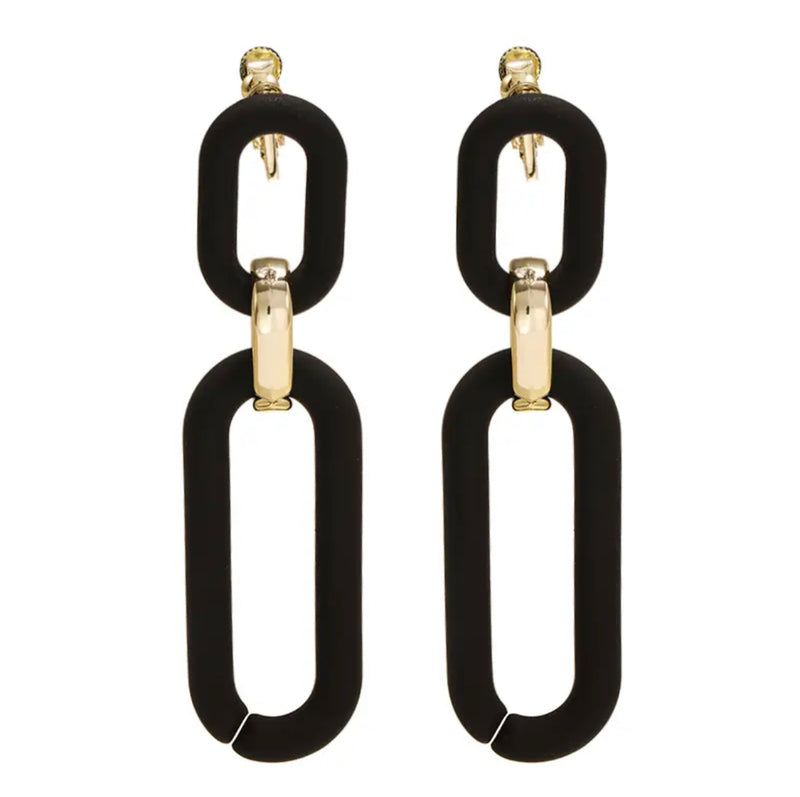 Clip on 3 1/4" vintage gold and black long oval dangle earrings