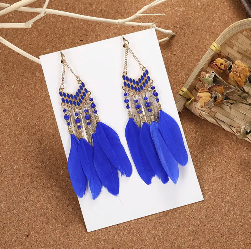 Clip on 5 1/4" Xlong gold beaded feather earrings in a variety of colors