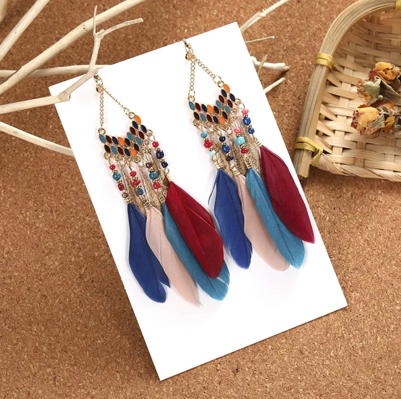 Clip on 5 1/4" Xlong gold beaded feather earrings in a variety of colors