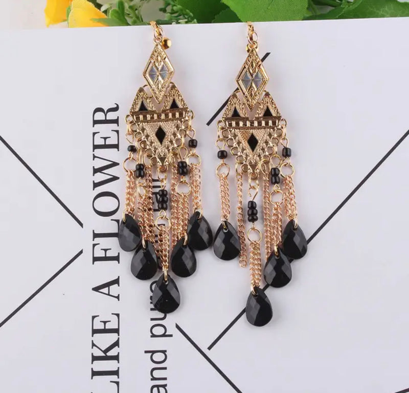 Clip on 4" Xlong gold, black and white graduated dangle bead earrings