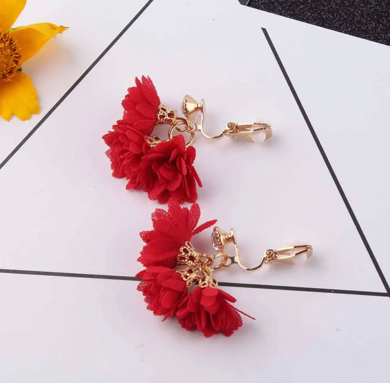 Trendy 1 1/4" clip on gold white or red fabric flower earrings with clear stone