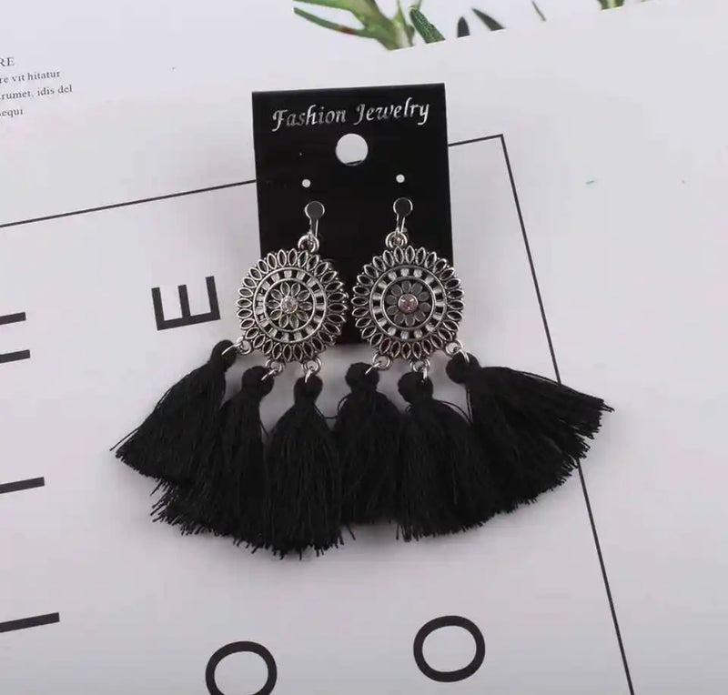 Clip on 2 3/4" silver circle white, black or orange tassel dangle earrings
