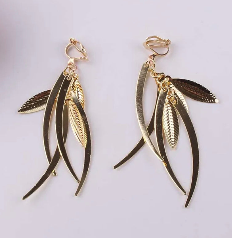 Clip on 3" silver multi pointed multi long leaf dangle earrings