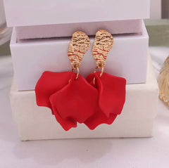 Pierced hammered gold, red petal dangle earrings