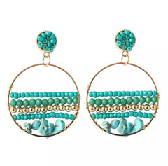 Pierced gold, turquoise seed bead dangle hoop earrings