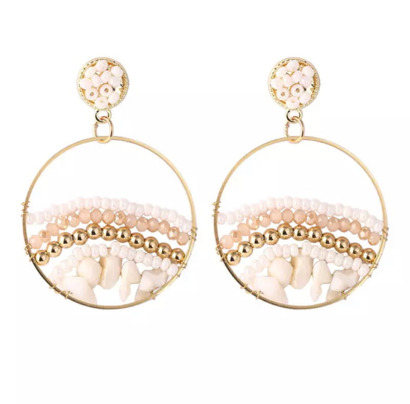 Pierced gold, white seed bead dangle hoop earrings