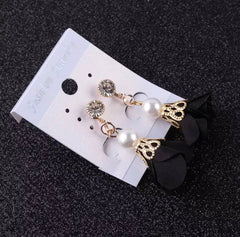 Trendy clip on gold, black satin flower and pearl earrings