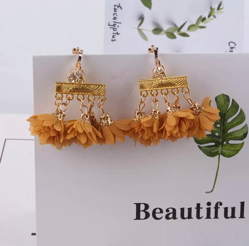 Unique 1 3/4" clip on gold and black wide fabric flower earrings