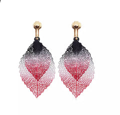 Trendy clip on gold, black, gray, red double leaf style earrings