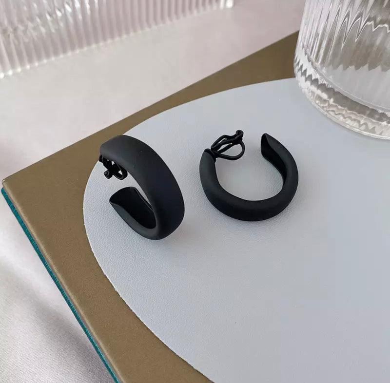 Trendy clip on 1 1/4" black painted wide hollow center hoop earrings