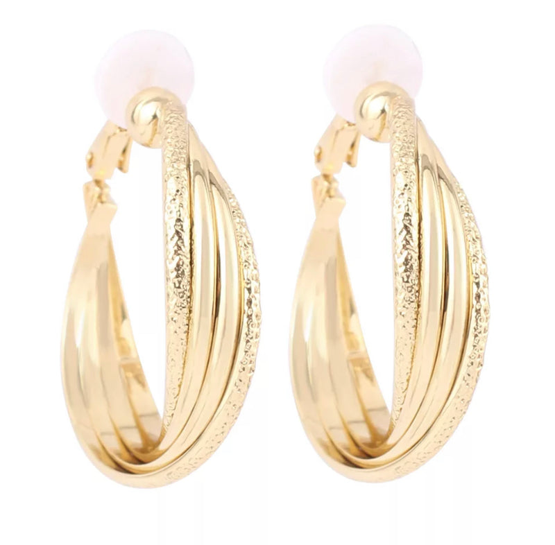 Trendy 1 1/4" gold shiny and textured twisted hoop earrings