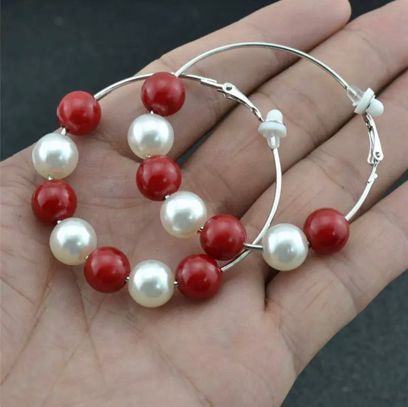 Clip on 2 1/4" silver red bead and pearl hoop earrings
