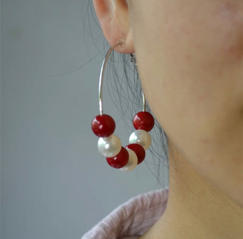 Clip on 2 1/4" silver red bead and pearl hoop earrings