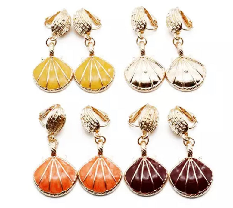 Clip on 1 3/4" gold dangle brown shell earrings