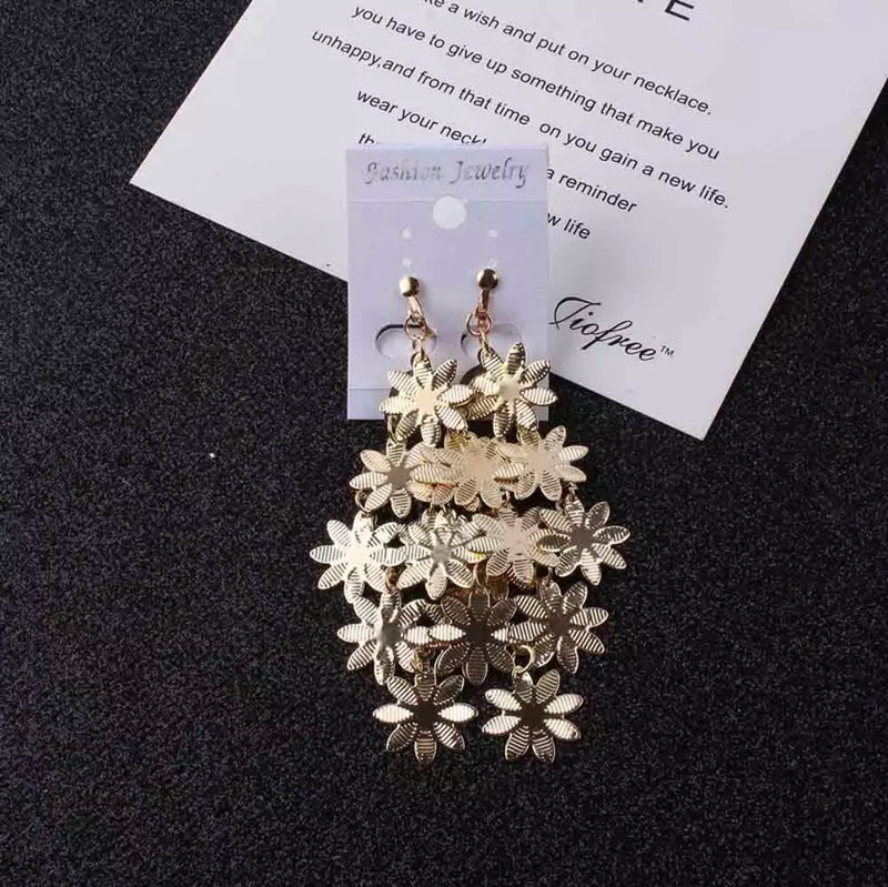 Clip on gold long layered dangle flower earrings