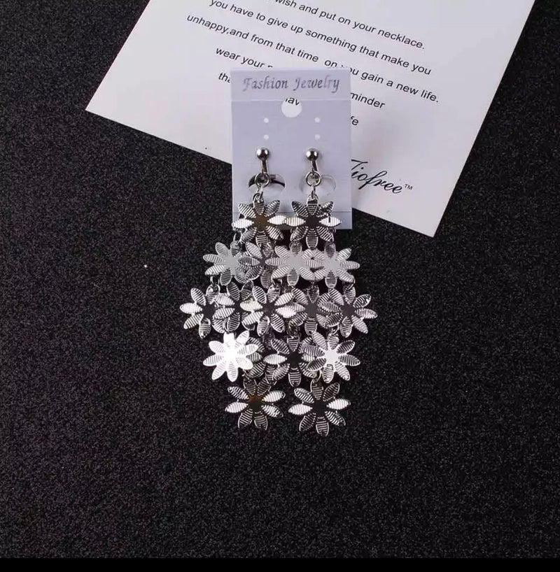 Clip on silver long layered dangle flower earrings