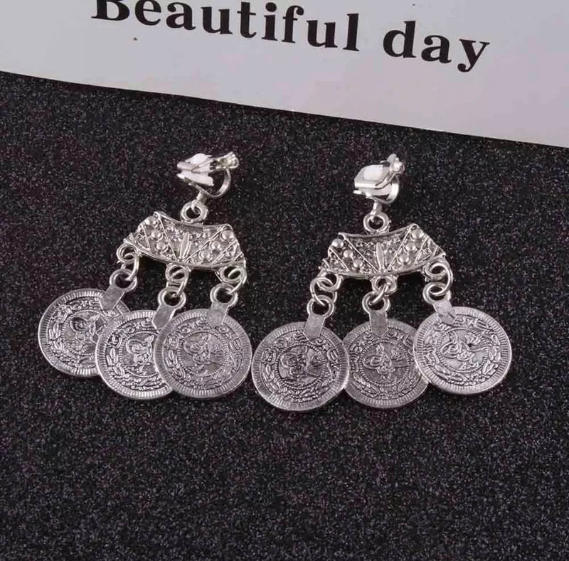 Vintage 2" clip on textured silver dangle coin earrings
