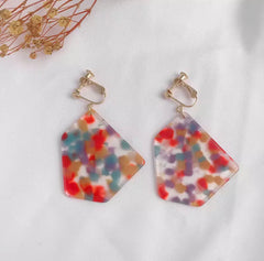 Clip on gold and red multi colored dangle earrings