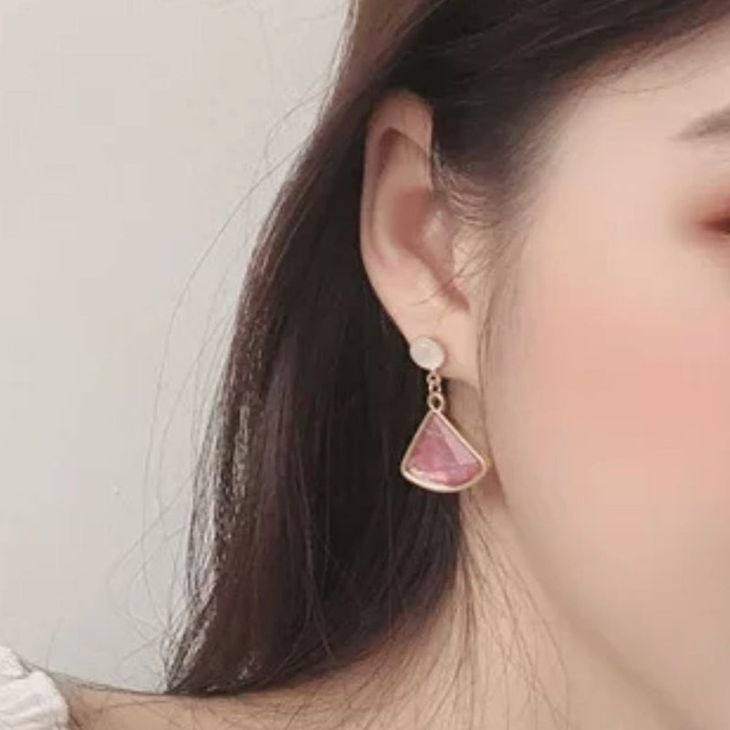 Clip on small gold pink and white dangle earrings