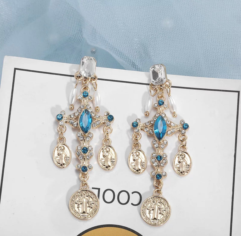 Vintage gold turquoise and clear stone cross earrings