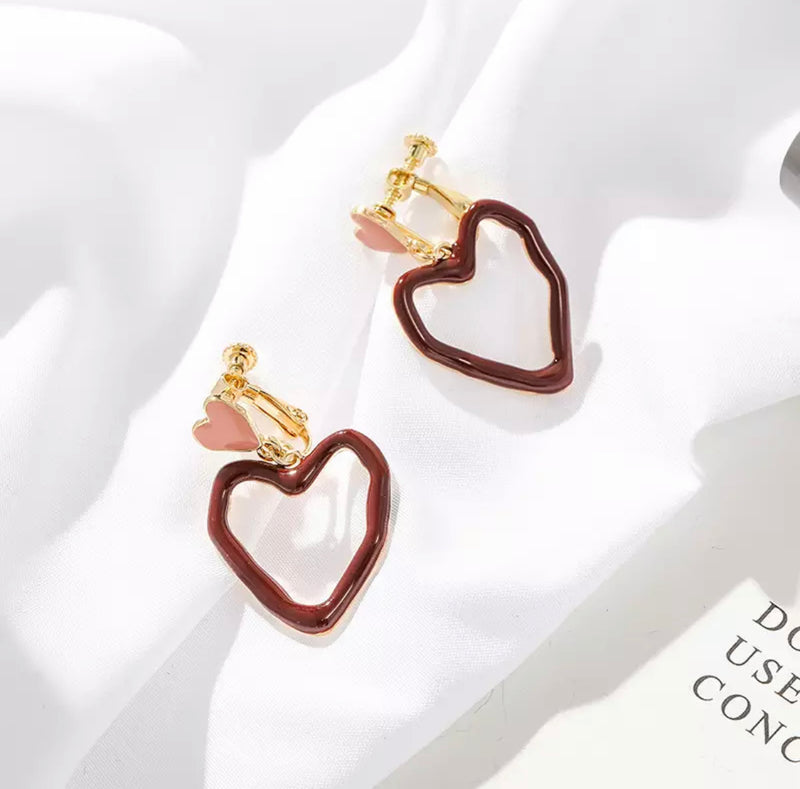 Clip on 1 3/4" gold pink and burgundy hammered heart earrings